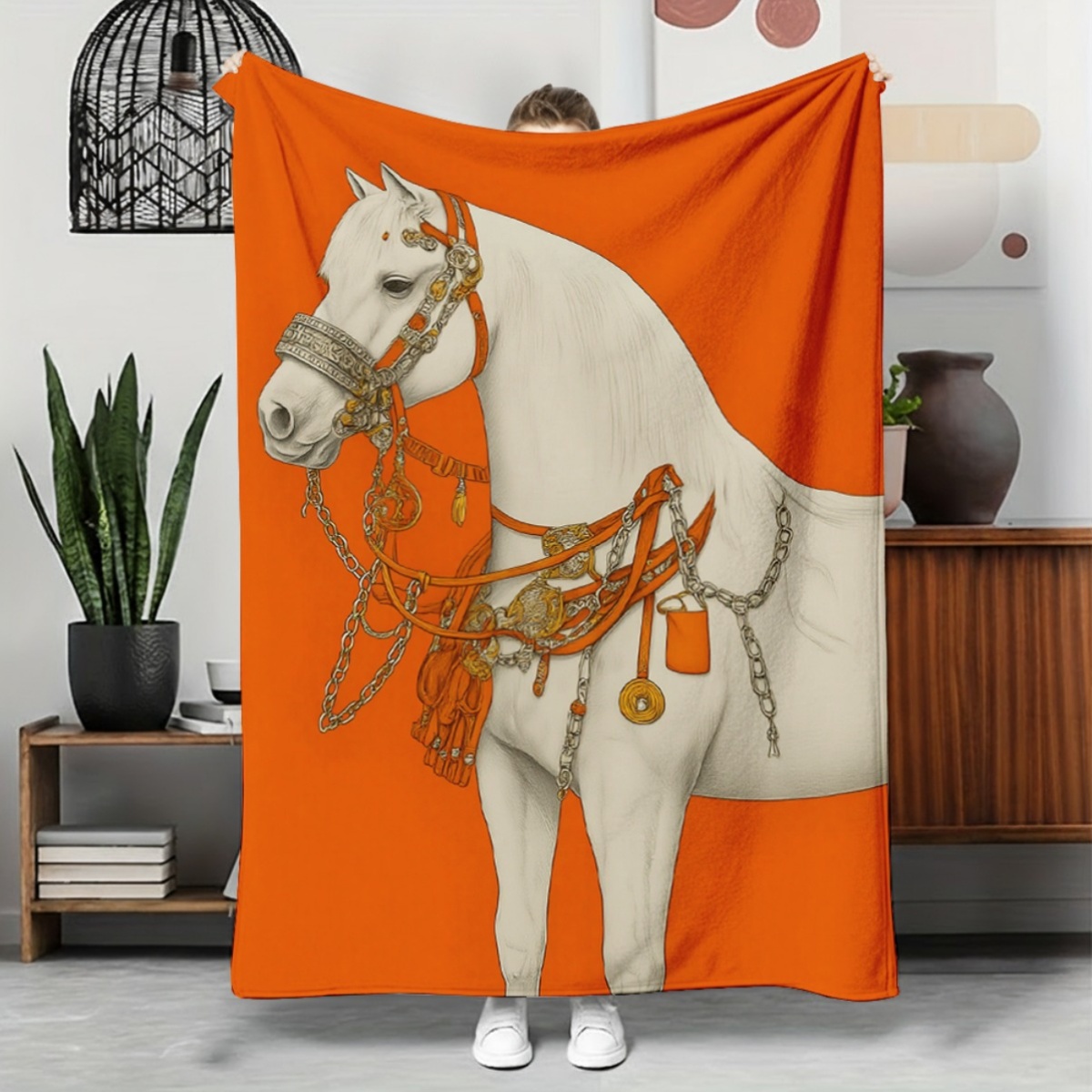Elegant White Horse with Exquisite Orange Bridle Flannel Blanket