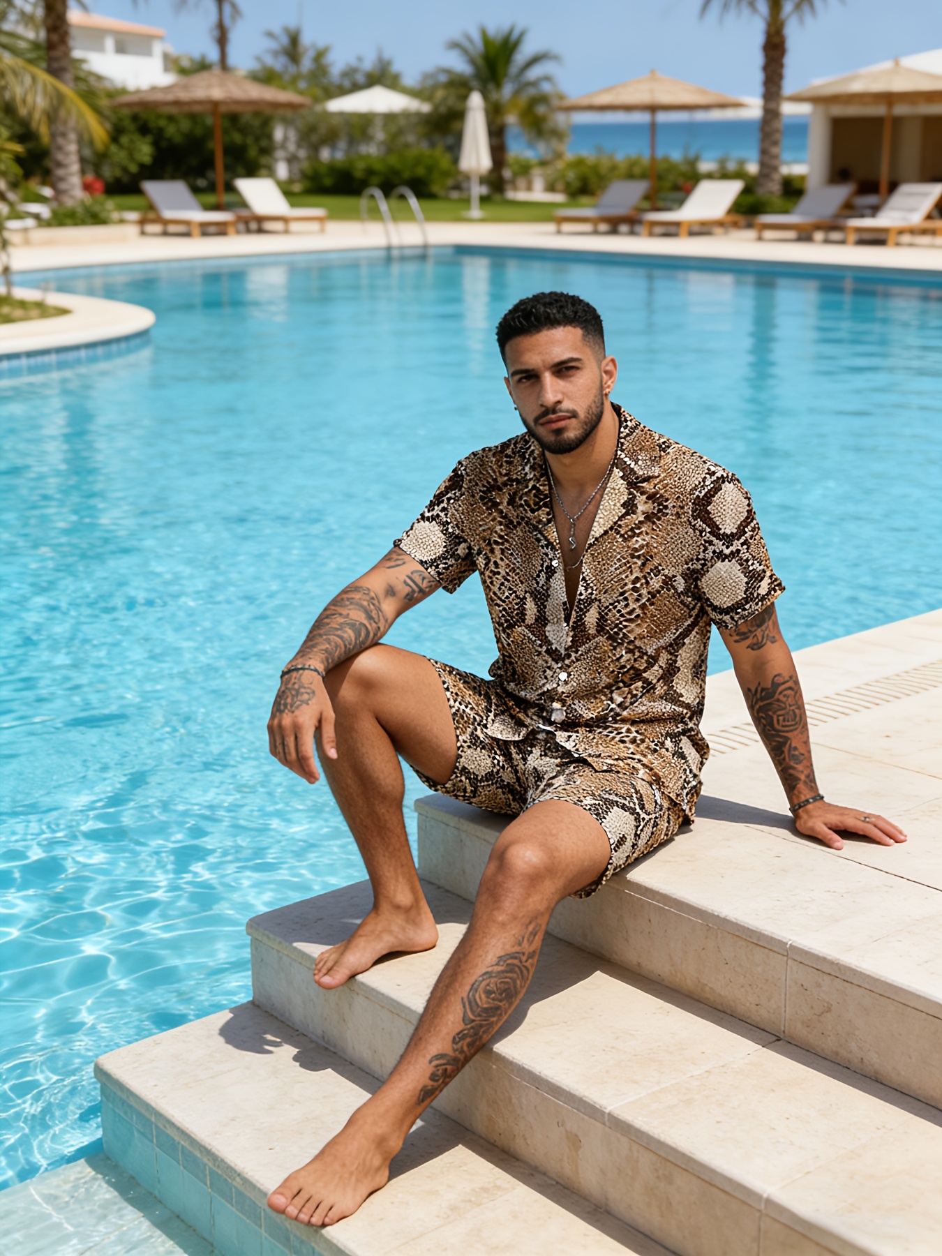 Summer Snake Print Two-Piece Set: Short-Sleeve Shirt And Drawstring Shorts