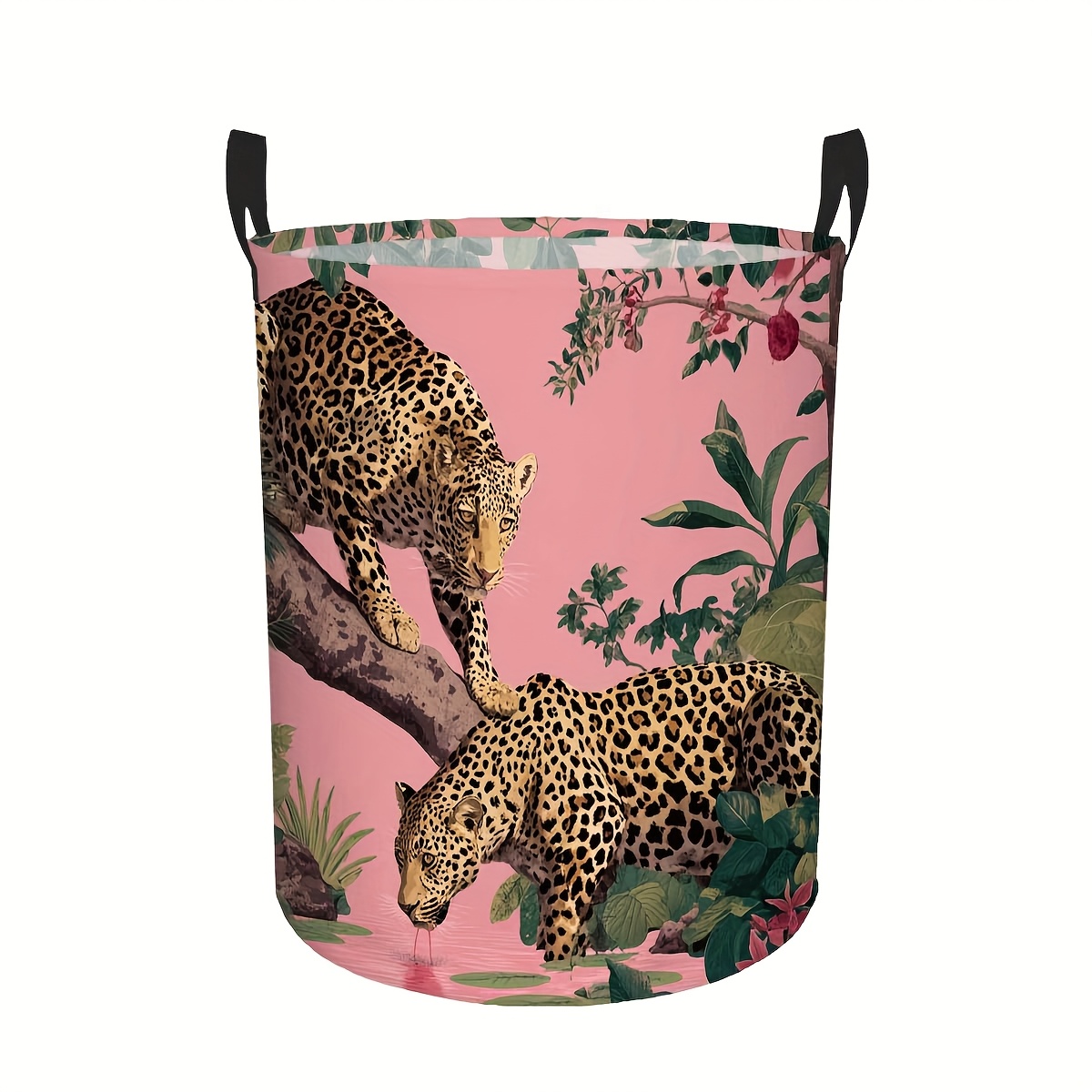 Large Capacity Tropical Leopard Print Laundry Basket with Handles