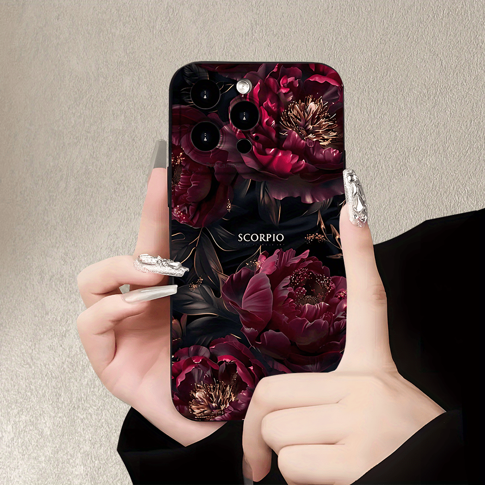 Shockproof Phone Case Featuring a Deep Red Peony And 'Scorpio' Design