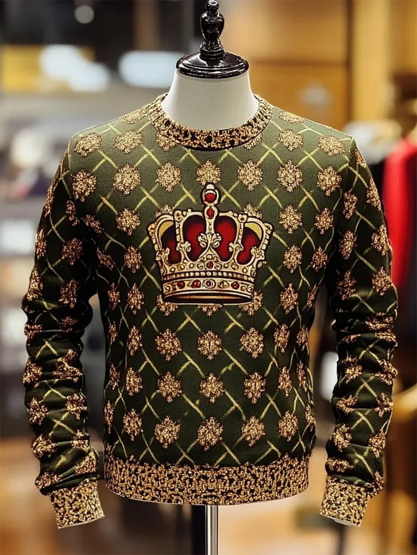 Royal Crown Pattern Mens Crew Neck Sweatshirt Luxurious Green and Golden Knit Design