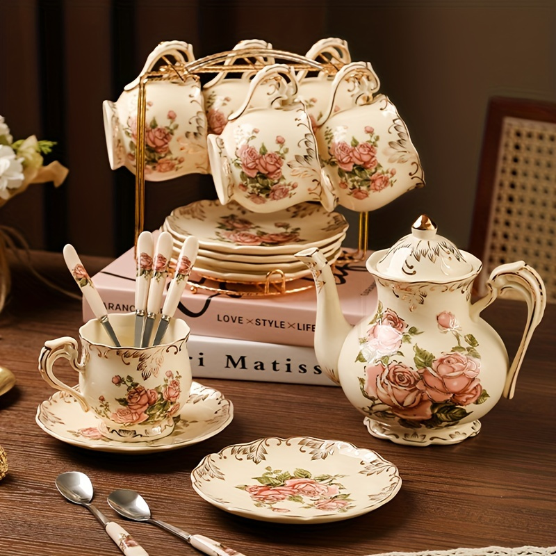 7pcs/19pcs, Lavish European Style Tea Set, Teacups, Saucers, Spoons And 1 Rack