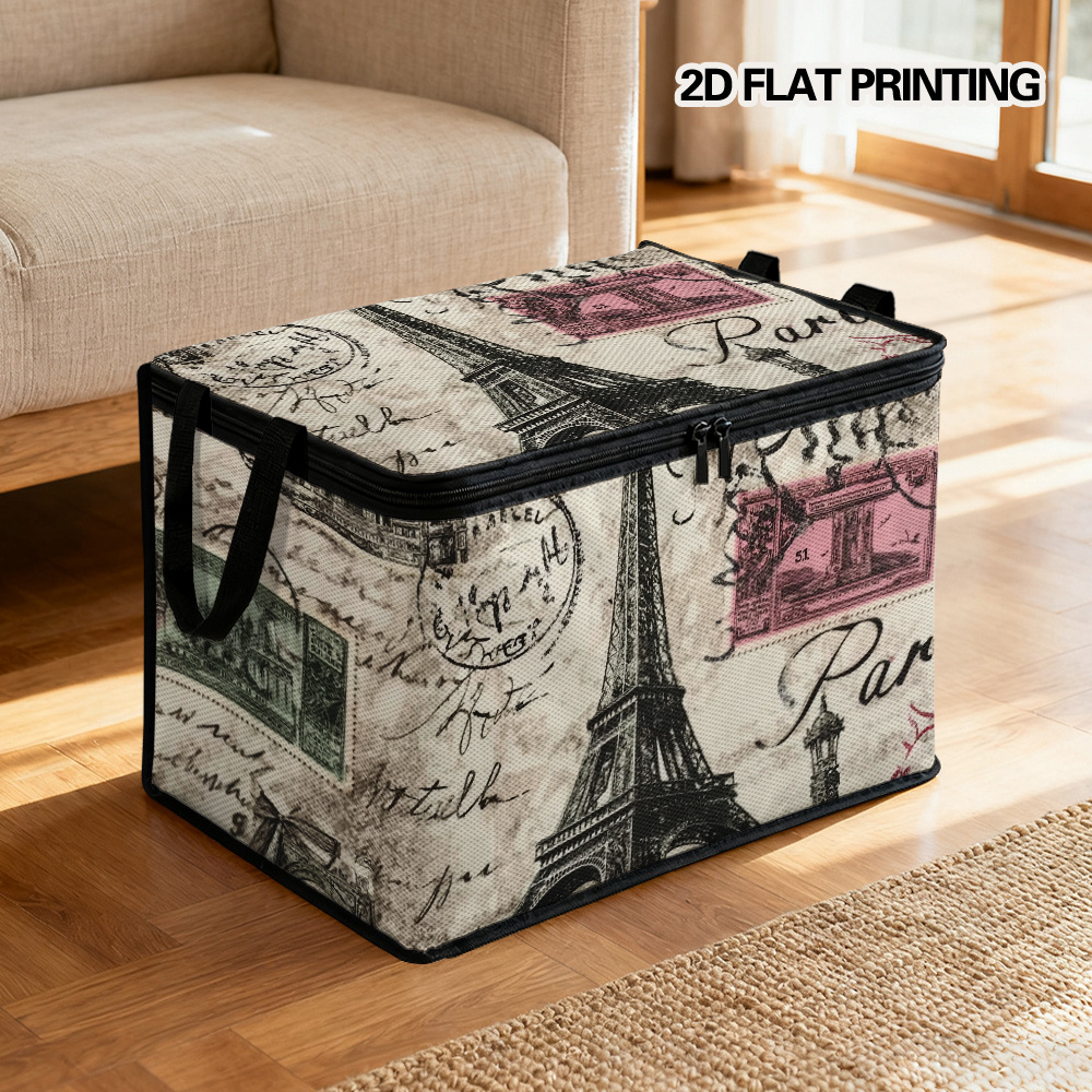 Lidded Storage Bin with Eiffel Tower Paris Stamps Pattern