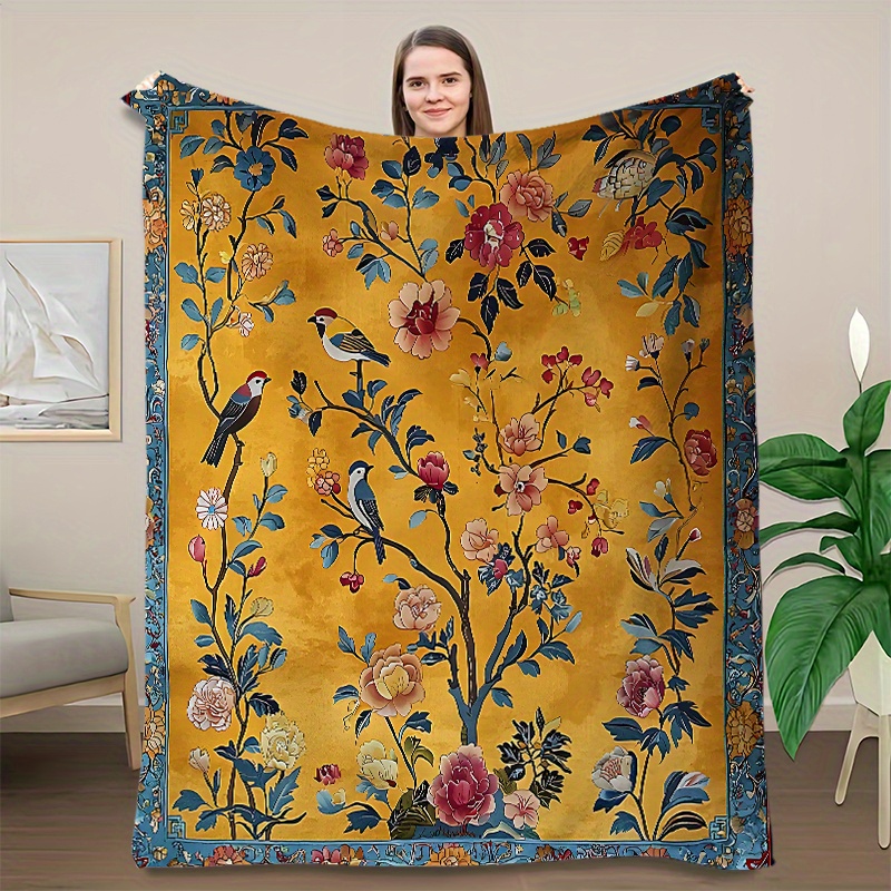Luxury  Golden-Yellow Floral & Bird Print Flannel Blanket