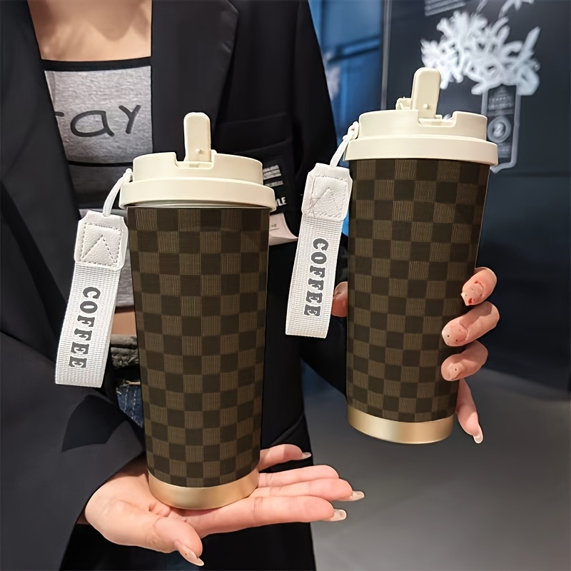 Stainless Steel Insulated Travel Mug. Brown Plaid Themed Print. Comes with Hand Strap