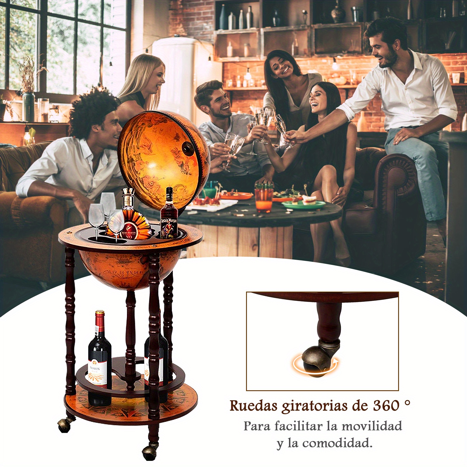 Italian Wine Bar Stand & Bottle Shelf with Globe World Map