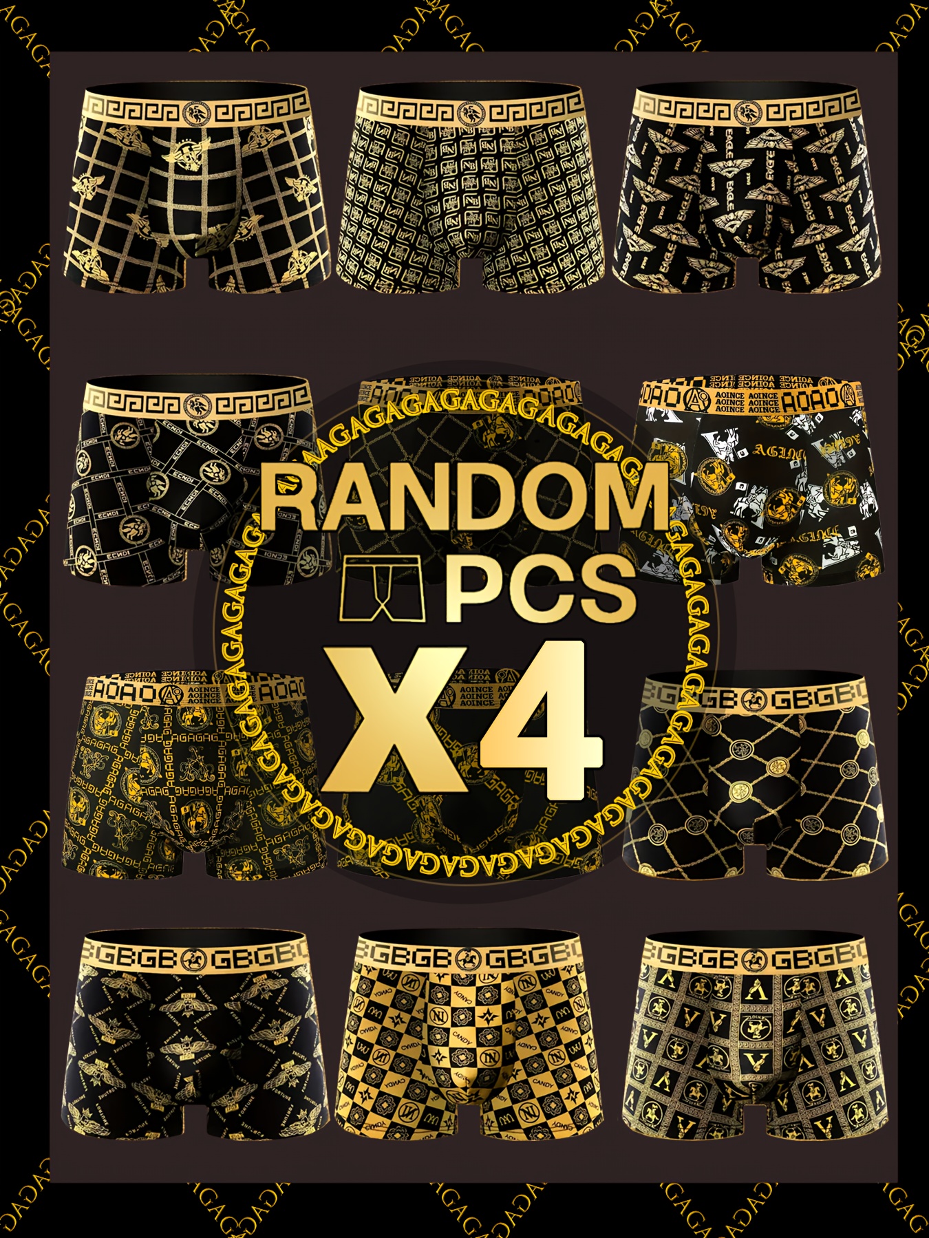 4pcs Men'S Underwear Black And Golden Luxurious Prints