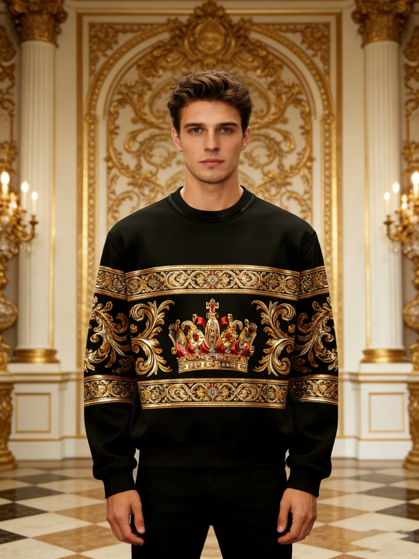 Golden Red Edge Crown Palace Style Print Crew Neck Sweatshirt