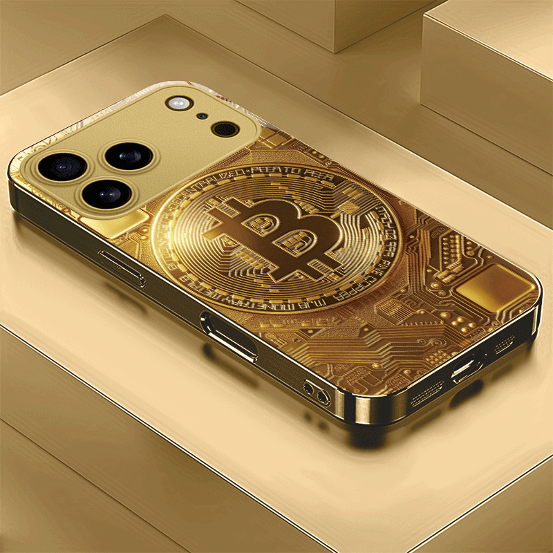 Luxury Golden Bitcoin Emblem with Circuit Board Background Tempered Glass