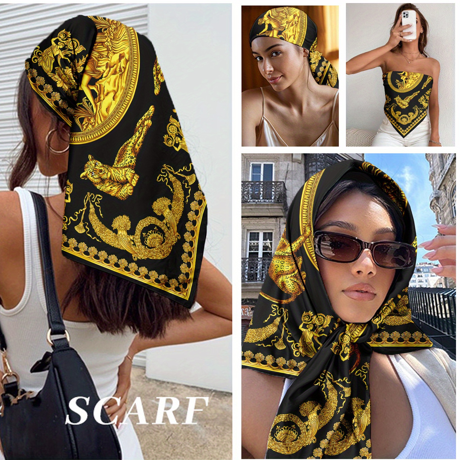 Multipurpose Black & Golden Paisley Bohemian Print Square Scarf