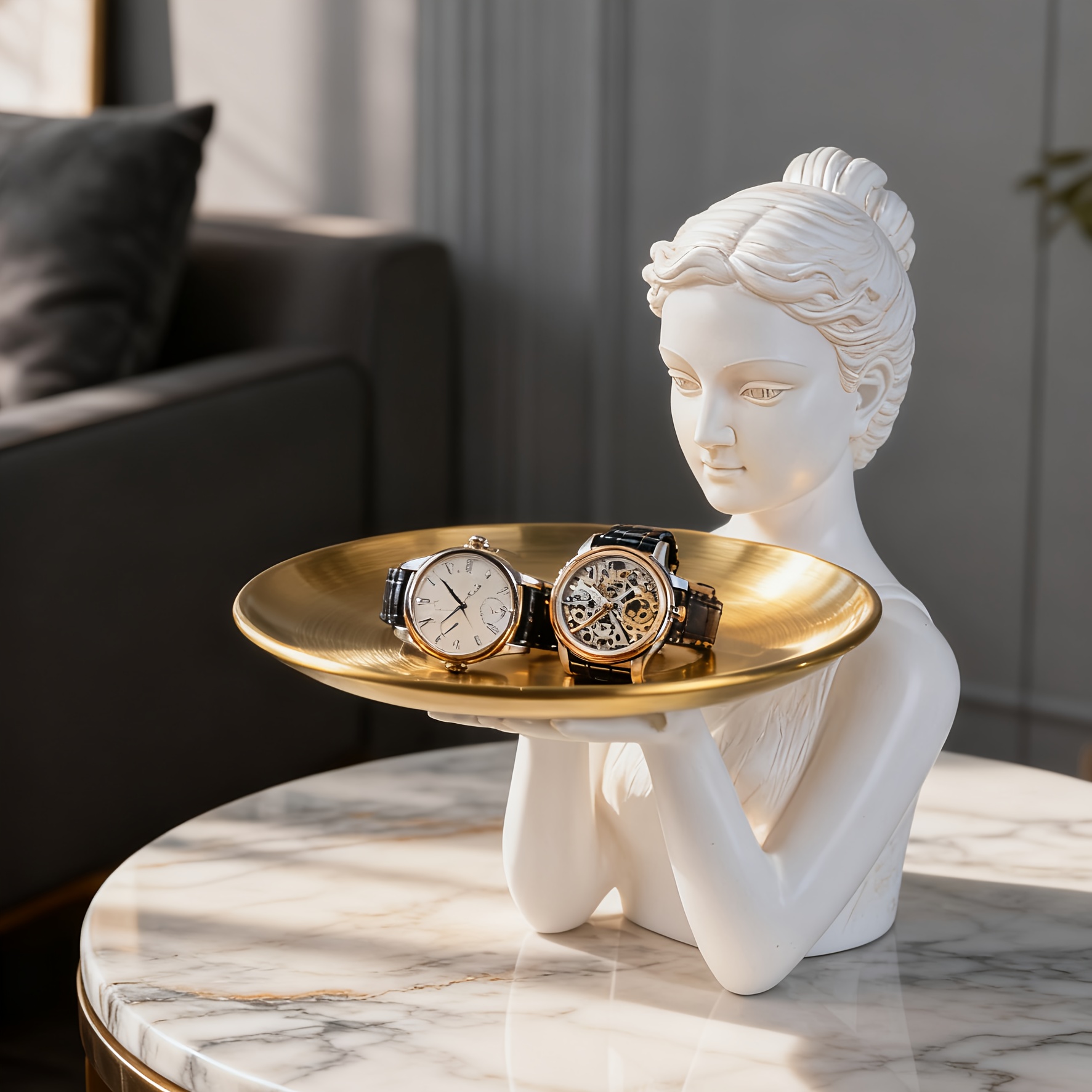 Deluxe Vintage Copper-Tone Artistic Women Statue Tray