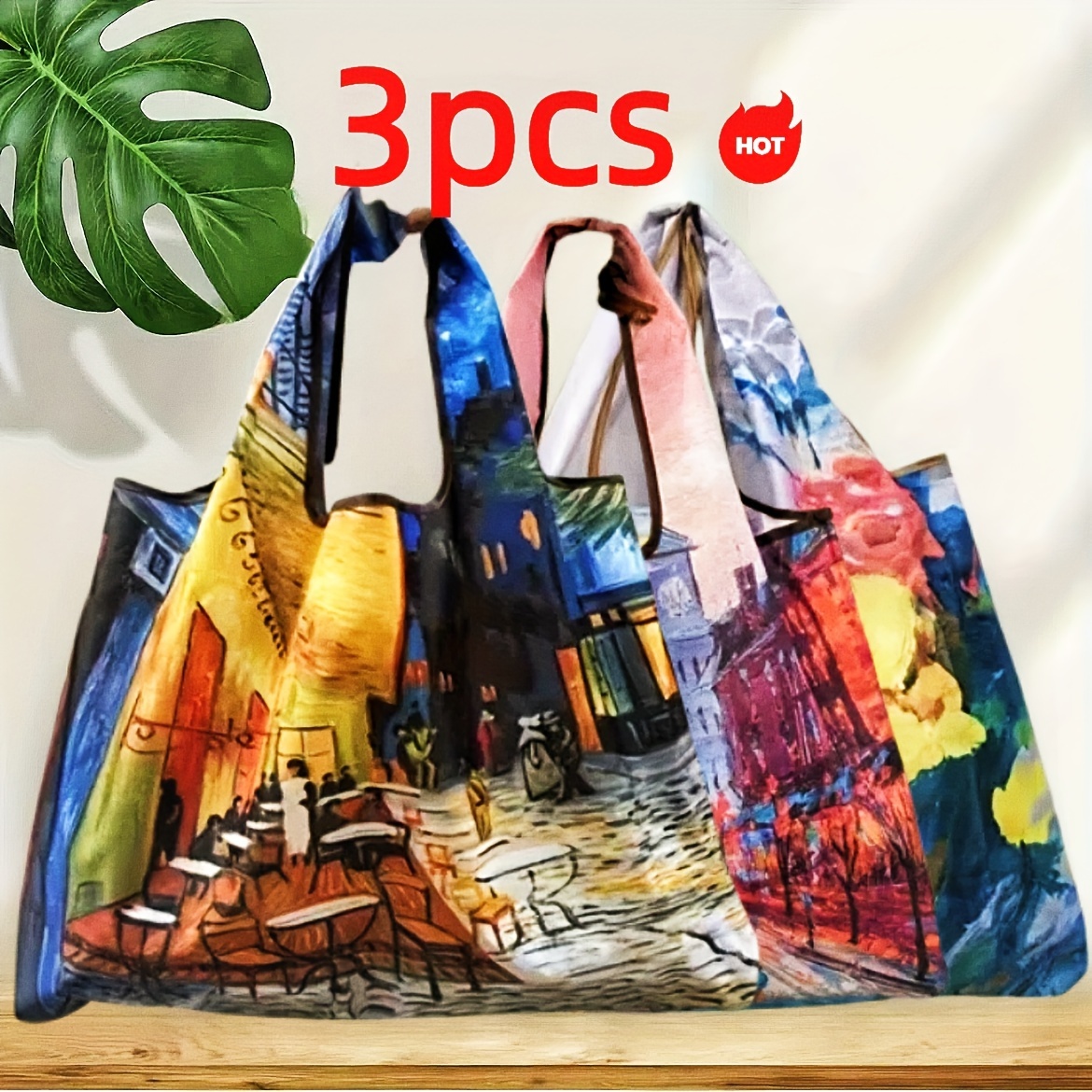 3pcs Large Capacity Oil Painting Style Tote Bag