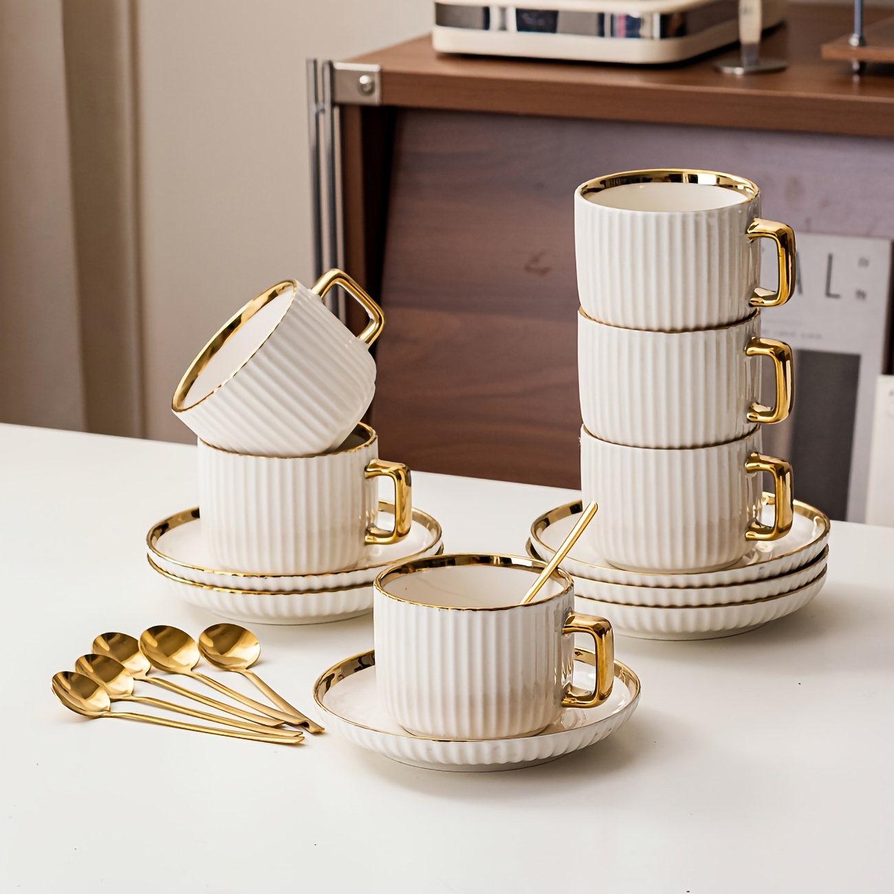2pcs Set, White And Green Coffee Cup European-Style Golden Edge Design