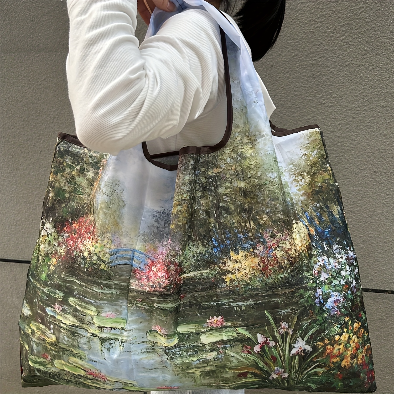 Floral Oil Painting Design Large Capacity Lightweight Foldable Nylon Tote Bag