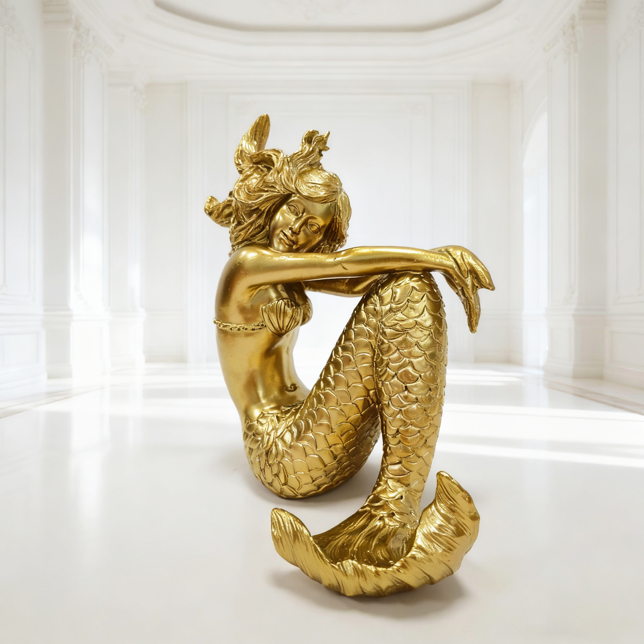 Golden Mermaid Statue - Elegant Pose with Tail