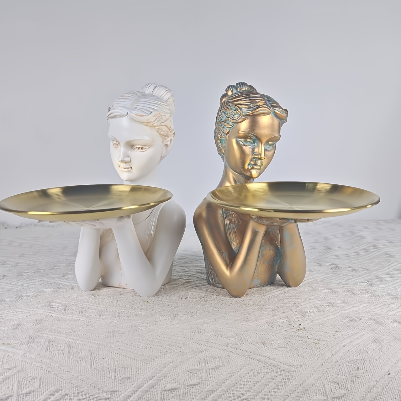 Vintage Copper Color-Toned Artistic Female Statue Tray