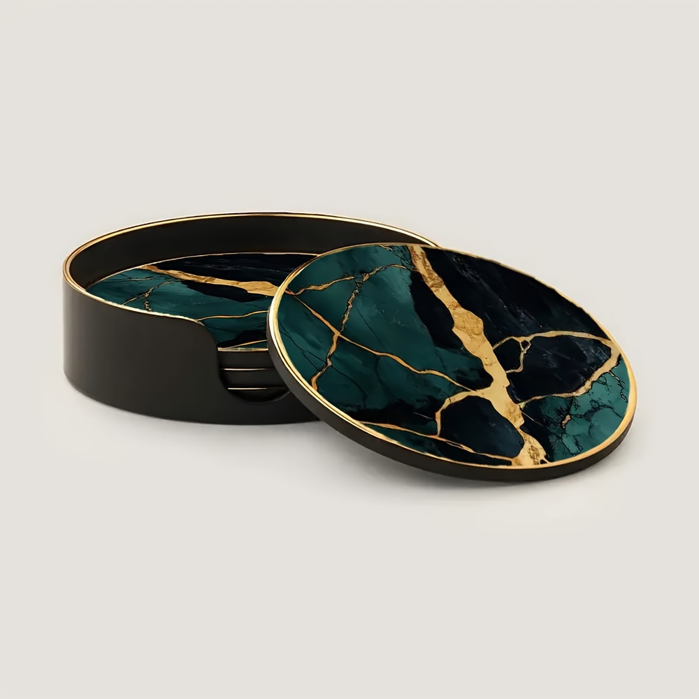 Set of 4 Glass Coasters Featuring Green And Golden Marble Design