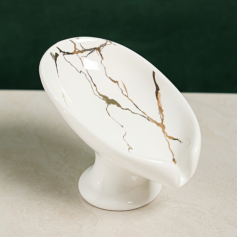 Elegant Ceramic Soap Dish with Leaf Design, Self-Draining Soap Holder