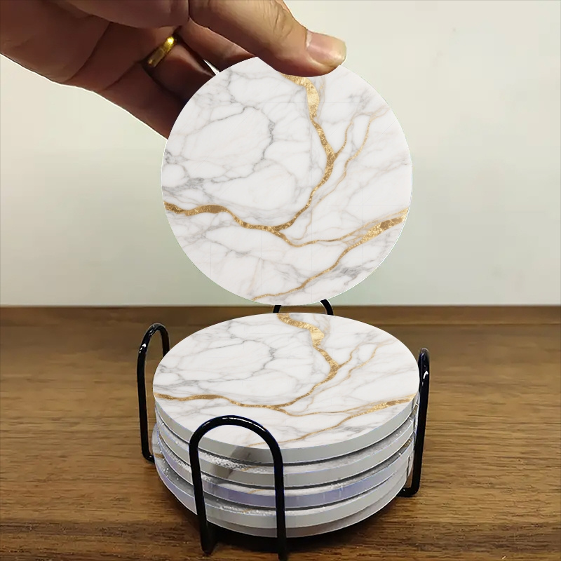 Set of 6 charming round ceramic coasters Golden thread,