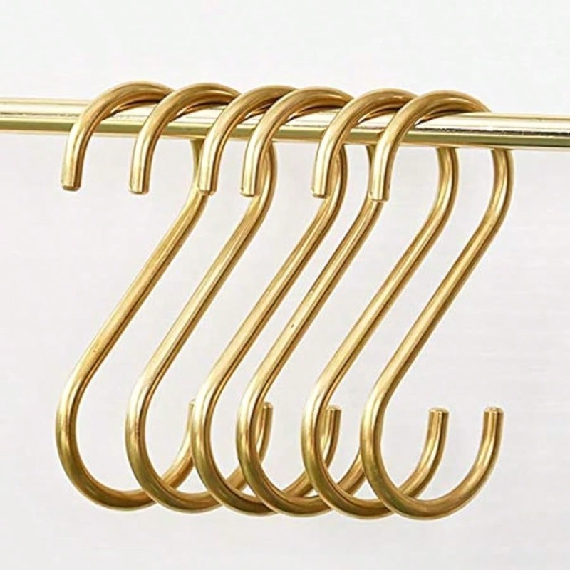 6pcs, Brass S Shaped Hooks, Golden Coat Clothes Towel Hangers
