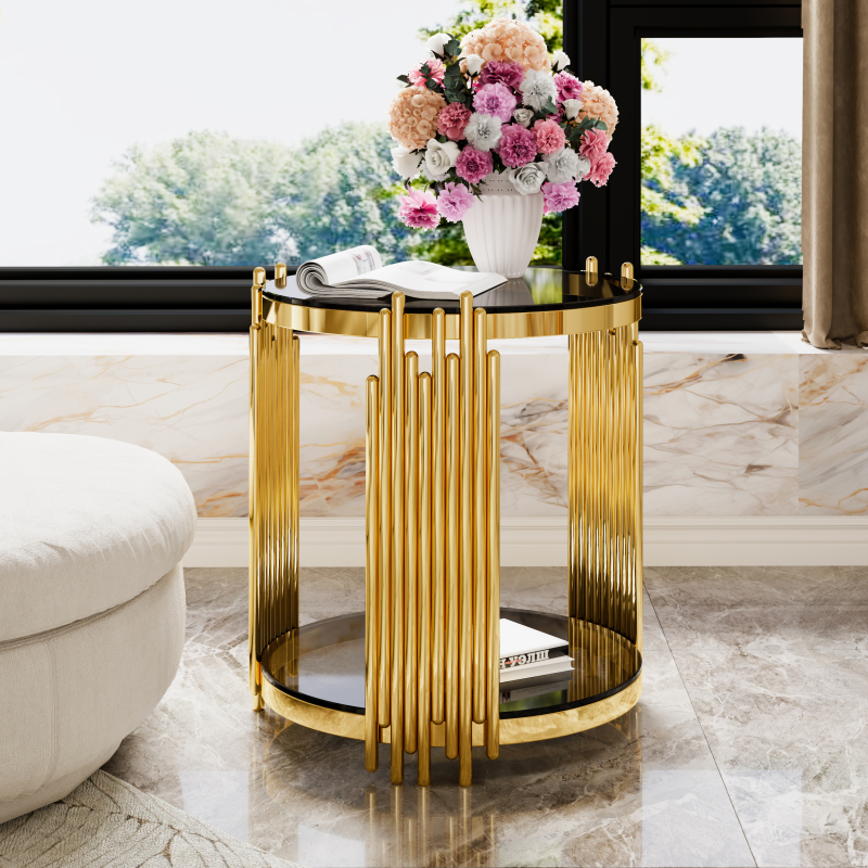 Modern Black Mirror End Table Asymmetrical Metal, Golden Finish
