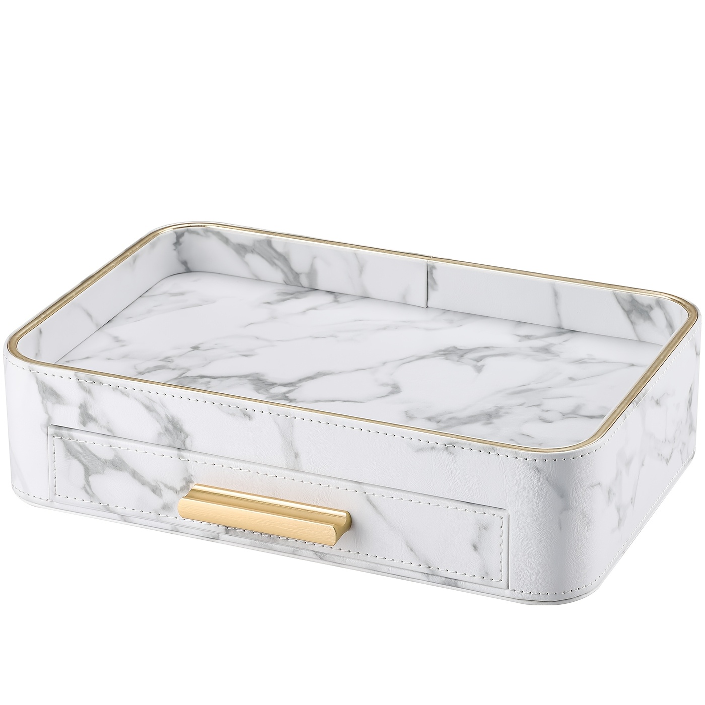 Luxury White Marble PU Leather Storage Tray with Elegant Drawer