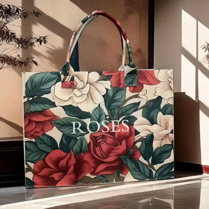 Women's Large Floral Tote Bag Pink Roses & Green Leaves Design
