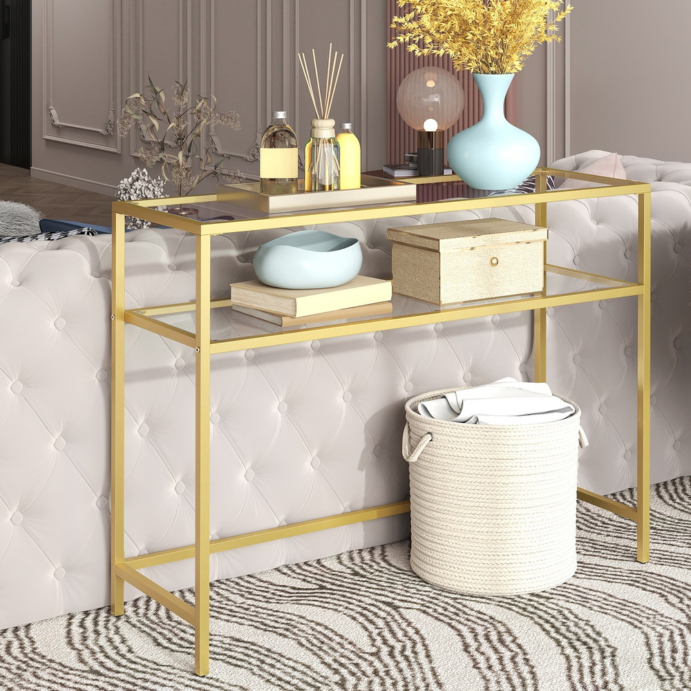 Luxe  Modern Sofa or Entryway Table, Tempered Glass Table, Gold Color
