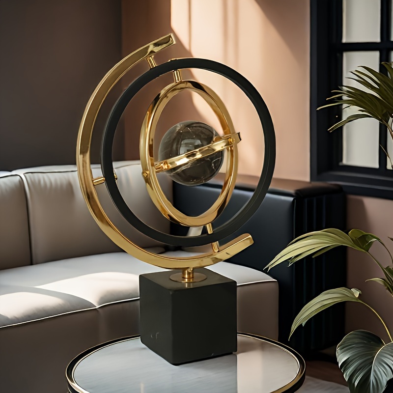 Modern Abstract Metal Globe Sculpture - Black & Golden Art Decor