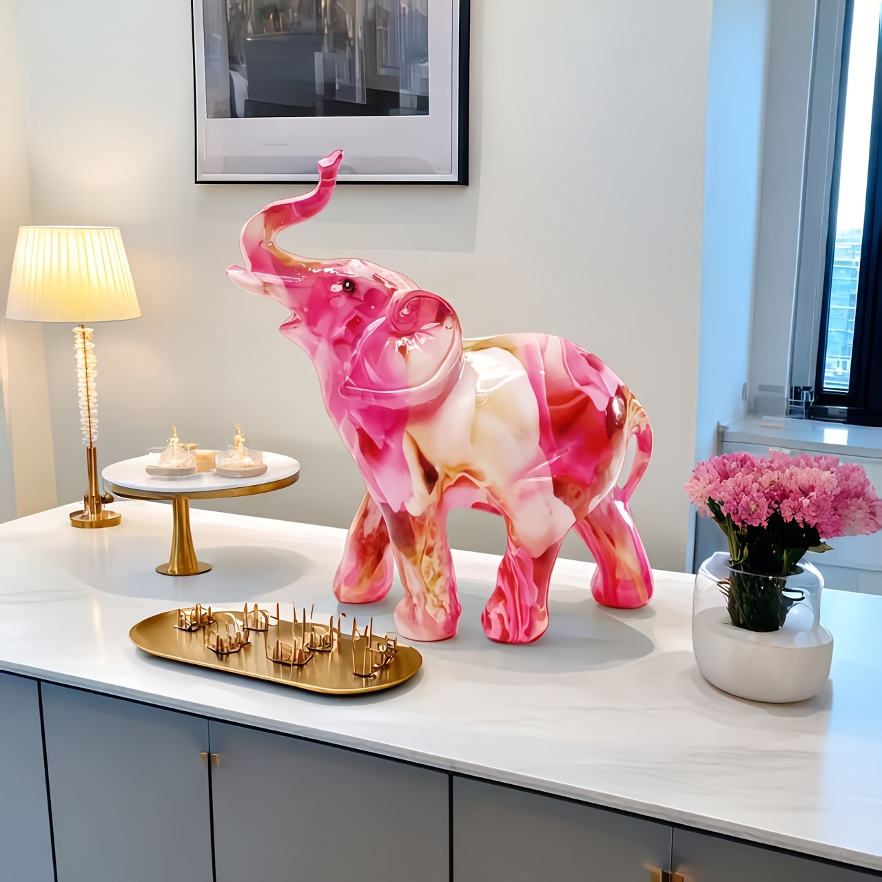 Exquisite Pink Cherry Blossom Elephant Statue +  complementary gift